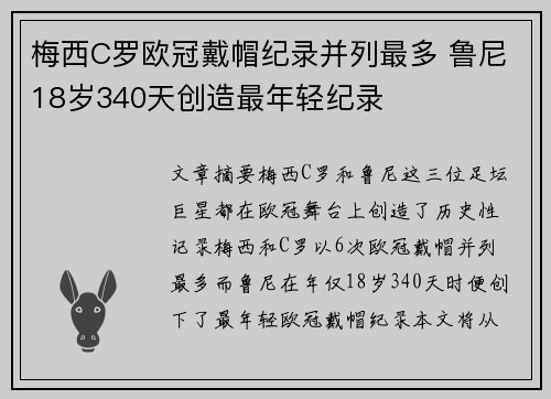 梅西C罗欧冠戴帽纪录并列最多 鲁尼18岁340天创造最年轻纪录